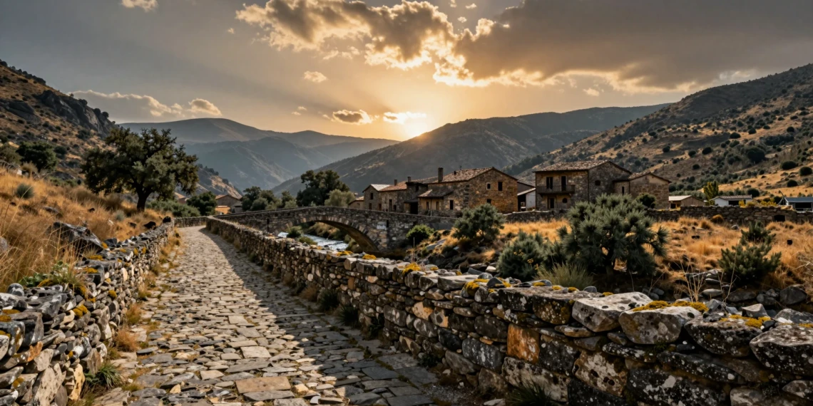 Sendero medieval empedrado entre montañas españolas con puente de piedra, aldea abandonada y luz dorada al atardecer