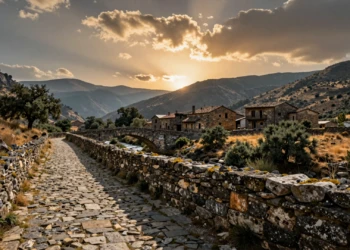 Sendero medieval empedrado entre montañas españolas con puente de piedra, aldea abandonada y luz dorada al atardecer