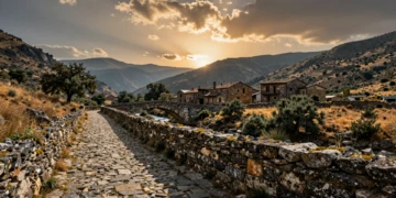 Sendero medieval empedrado entre montañas españolas con puente de piedra, aldea abandonada y luz dorada al atardecer