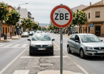 Señal de Zona de Bajas Emisiones en bulevar andaluz con dos coches de distintos municipios detenidos en un control de acceso