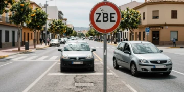 Señal de Zona de Bajas Emisiones en bulevar andaluz con dos coches de distintos municipios detenidos en un control de acceso