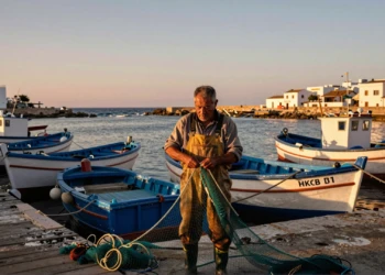 Pescador remendando redes en el puerto pesquero de Isla Cristina, Huelva, al atardecer con luz dorada atlántica