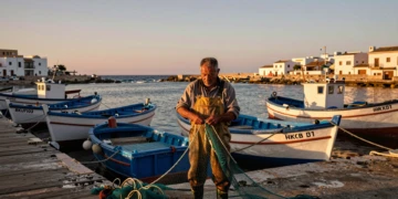 Pescador remendando redes en el puerto pesquero de Isla Cristina, Huelva, al atardecer con luz dorada atlántica