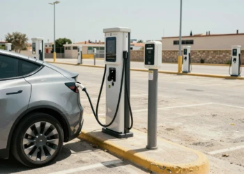 Coche eléctrico enchufado a un cargador público averiado en un aparcamiento de una ciudad española bajo el sol