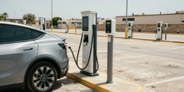 Coche eléctrico enchufado a un cargador público averiado en un aparcamiento de una ciudad española bajo el sol