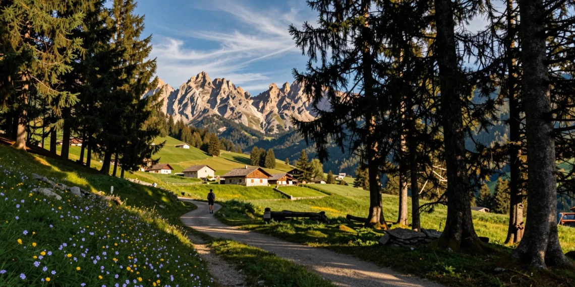 Senderista contemplando el Valle Varaita desde el bosque de Alevé, con picos de los Alpes Cotios al fondo