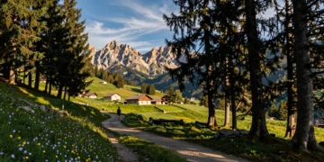 Senderista contemplando el Valle Varaita desde el bosque de Alevé, con picos de los Alpes Cotios al fondo