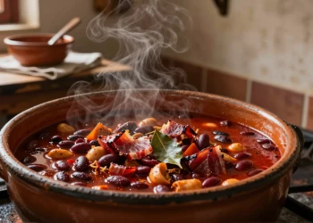Olla de barro con guiso murciano tradicional humeante sobre cocina de hierro, con judías, hueso de jamón y pimentón