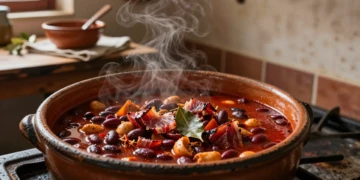 Olla de barro con guiso murciano tradicional humeante sobre cocina de hierro, con judías, hueso de jamón y pimentón