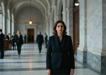Mujer en corredor de tribunal español con columnas de mármol, evocando la amnistía de Meritxell Serret tras el 1-O