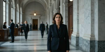 Mujer en corredor de tribunal español con columnas de mármol, evocando la amnistía de Meritxell Serret tras el 1-O