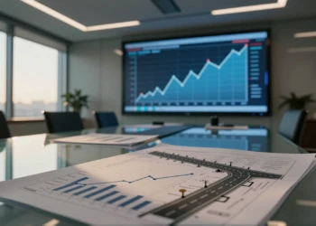 Sala de juntas con planos de infraestructuras y gráficos de crecimiento junto a pantalla con caída de beneficios
