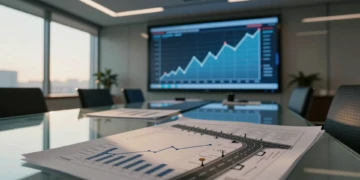 Sala de juntas con planos de infraestructuras y gráficos de crecimiento junto a pantalla con caída de beneficios