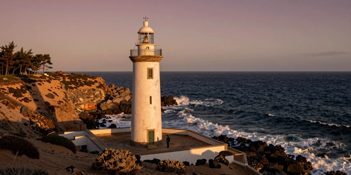 Faro andaluz sobre acantilado al atardecer con el océano Atlántico al fondo, desde Huelva hasta Almería