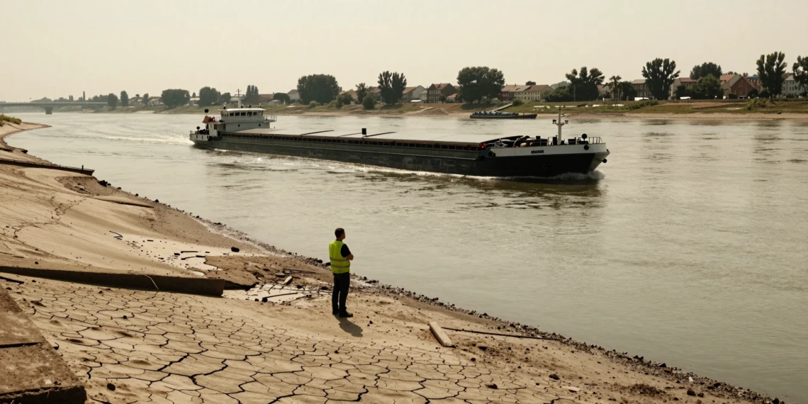 Barcaza de carga en el río Rin con nivel crítico durante la sequía histórica en Europa, lecho fluvial expuesto