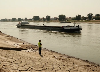 Barcaza de carga en el río Rin con nivel crítico durante la sequía histórica en Europa, lecho fluvial expuesto