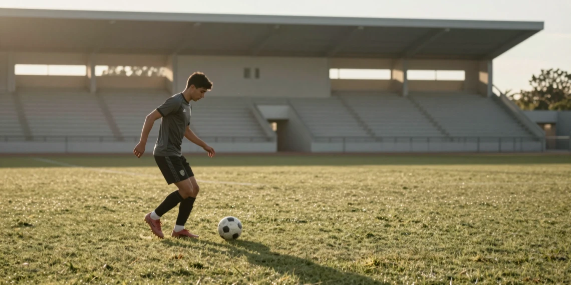 Yeremay Hernández entrenando solo en un campo de fútbol al amanecer, practicando control de balón