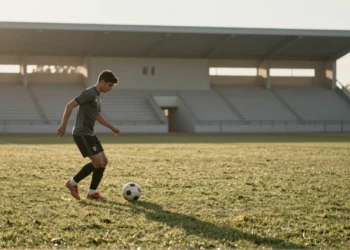 Yeremay Hernández entrenando solo en un campo de fútbol al amanecer, practicando control de balón