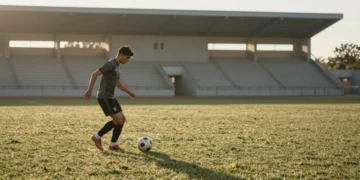 Yeremay Hernández entrenando solo en un campo de fútbol al amanecer, practicando control de balón