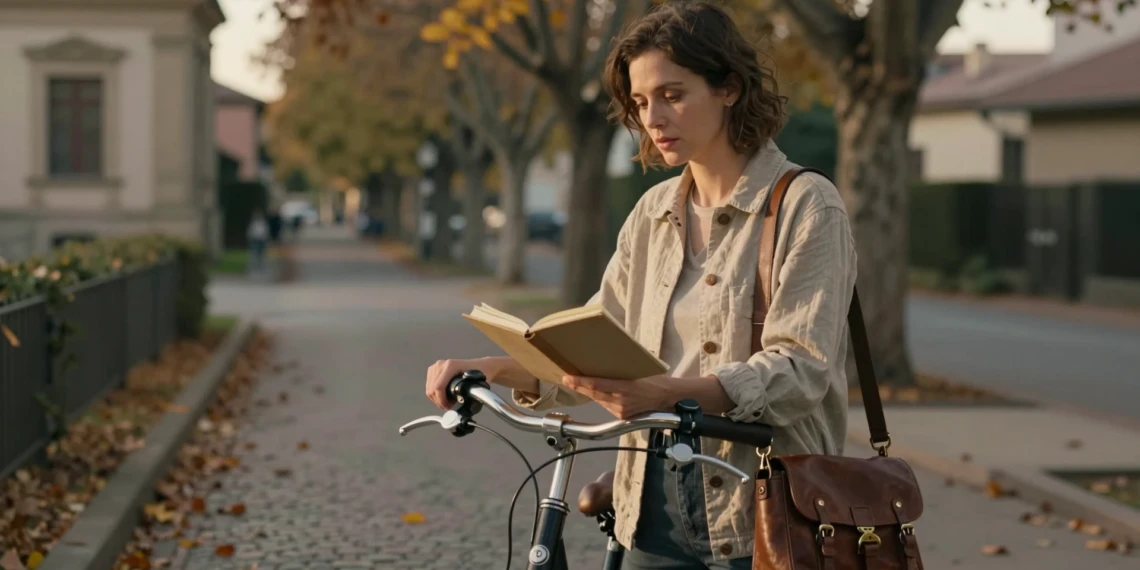 Poeta Natalia Carbajosa junto a su bicicleta en un camino empedrado, anotando versos en un cuaderno durante el ocaso otoñal