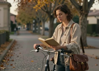 Poeta Natalia Carbajosa junto a su bicicleta en un camino empedrado, anotando versos en un cuaderno durante el ocaso otoñal