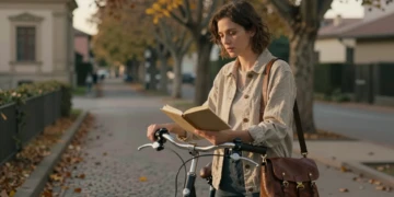 Poeta Natalia Carbajosa junto a su bicicleta en un camino empedrado, anotando versos en un cuaderno durante el ocaso otoñal