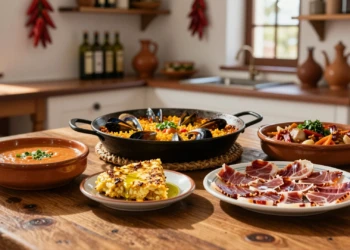 Mesa rústica española con los cinco platos más votados: gazpacho, paella, tortilla española, cocido madrileño y jamón ibérico