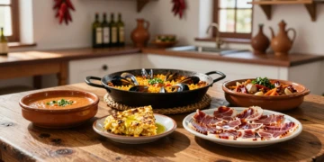 Mesa rústica española con los cinco platos más votados: gazpacho, paella, tortilla española, cocido madrileño y jamón ibérico
