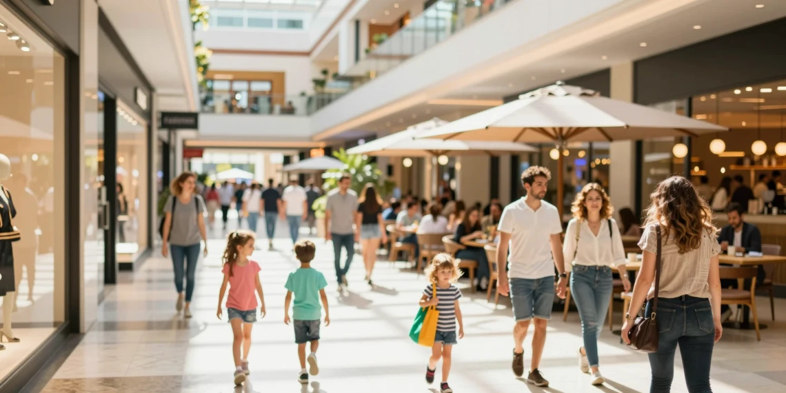 Interior de un centro comercial de Murcia lleno de turistas y familias comprando durante el verano