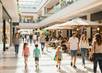 Interior de un centro comercial de Murcia lleno de turistas y familias comprando durante el verano