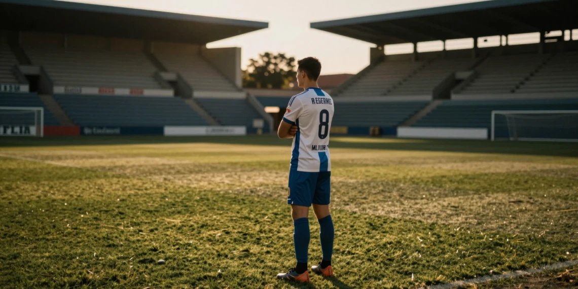 Defensa central de espaldas en el borde de un campo de fútbol al atardecer, mirando la grada vacía de un estadio español