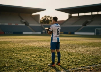 Defensa central de espaldas en el borde de un campo de fútbol al atardecer, mirando la grada vacía de un estadio español