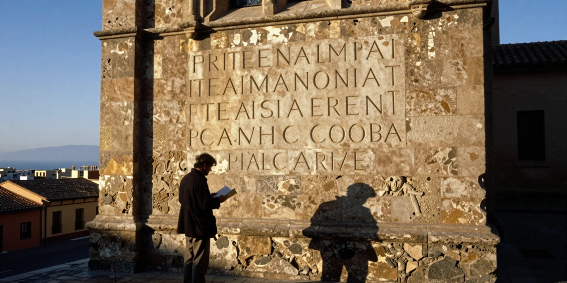 Historiador examina inscripción latina medieval en la fachada del Barrio Gótico de Barcelona al atardecer