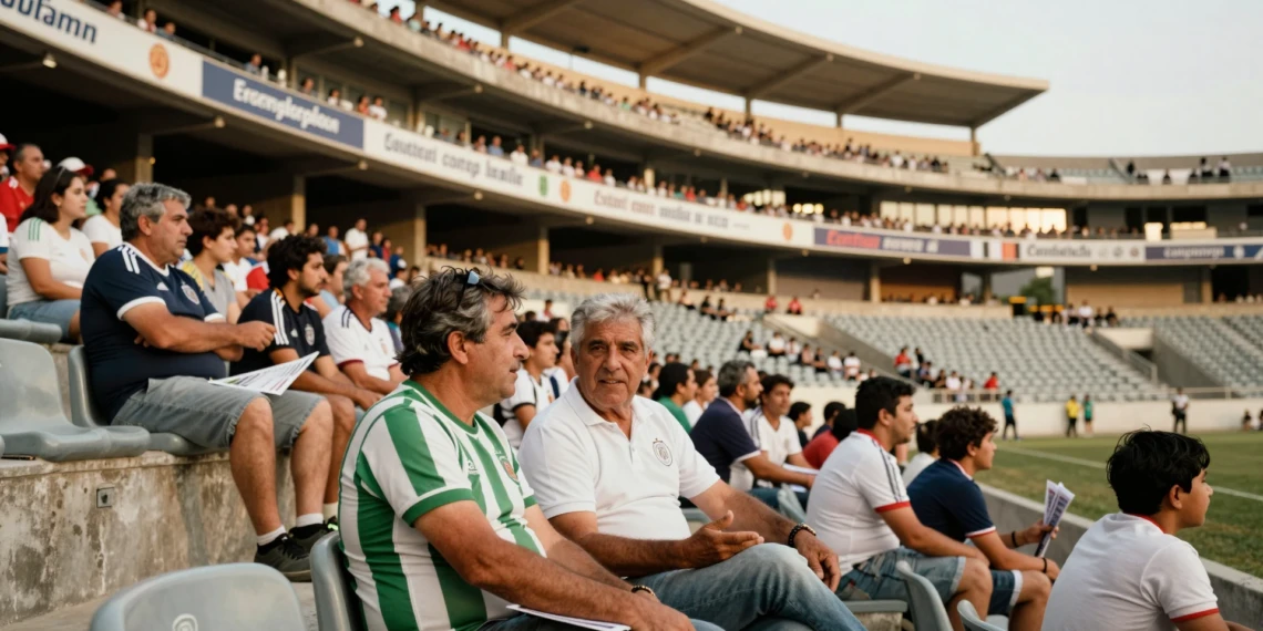 Aficionados del Córdoba CF charlando en las gradas de El Arcángel en un día soleado de verano