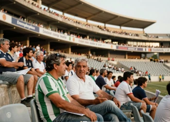 Aficionados del Córdoba CF charlando en las gradas de El Arcángel en un día soleado de verano