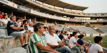 Aficionados del Córdoba CF charlando en las gradas de El Arcángel en un día soleado de verano