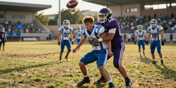 Defensor del Deportivo en duelo aéreo con rival de la Fiorentina durante partido de pretemporada en estadio modesto