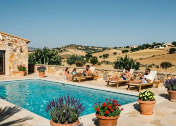 Familia disfrutando de una piscina privada en una casa rural de Murcia rodeada de colinas mediterráneas en agosto