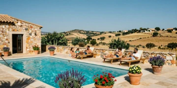 Familia disfrutando de una piscina privada en una casa rural de Murcia rodeada de colinas mediterráneas en agosto