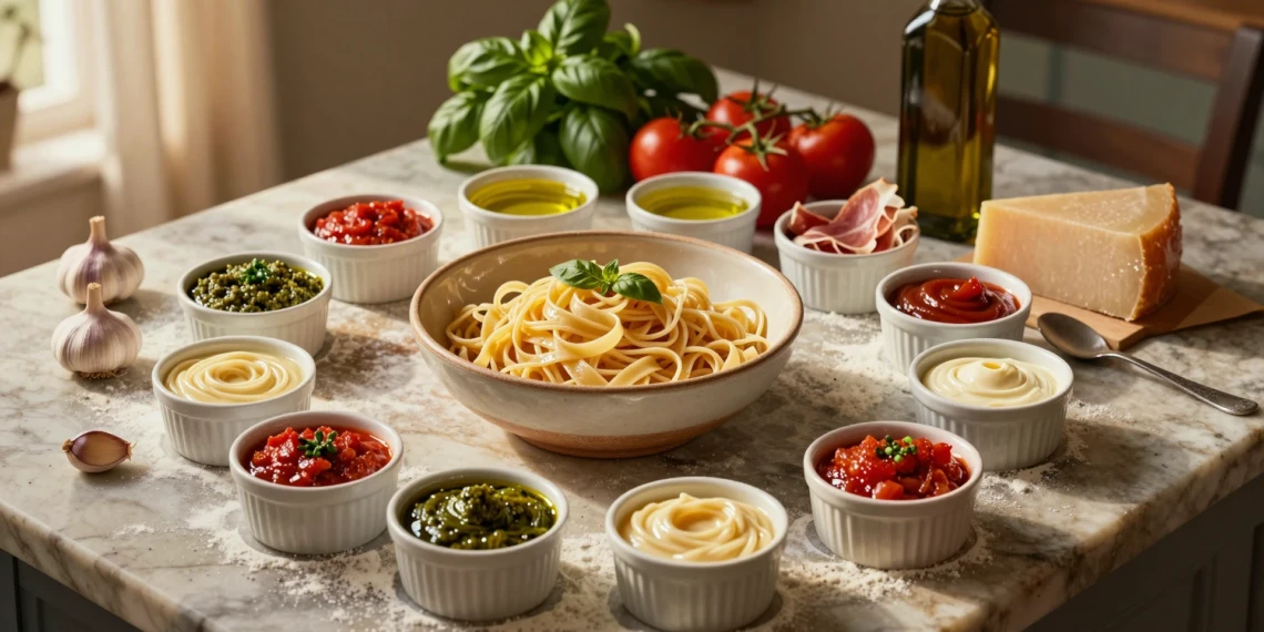 Once salsas italianas clásicas en ramekins junto a pasta, albahaca, tomate San Marzano y parmesano sobre mármol rústico