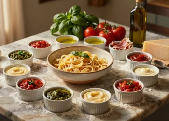 Once salsas italianas clásicas en ramekins junto a pasta, albahaca, tomate San Marzano y parmesano sobre mármol rústico