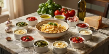 Once salsas italianas clásicas en ramekins junto a pasta, albahaca, tomate San Marzano y parmesano sobre mármol rústico