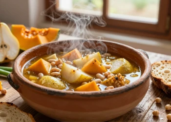 Olla gitana murciana con calabaza y pera en cazuela de barro, rodeada de ingredientes frescos en cocina rústica mediterránea