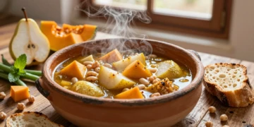 Olla gitana murciana con calabaza y pera en cazuela de barro, rodeada de ingredientes frescos en cocina rústica mediterránea