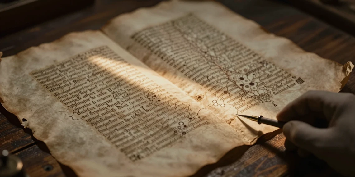 Pergamino medieval con tinta desvanecida y mano enguantada con instrumento científico en scriptorium
