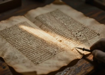 Pergamino medieval con tinta desvanecida y mano enguantada con instrumento científico en scriptorium