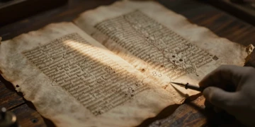 Pergamino medieval con tinta desvanecida y mano enguantada con instrumento científico en scriptorium