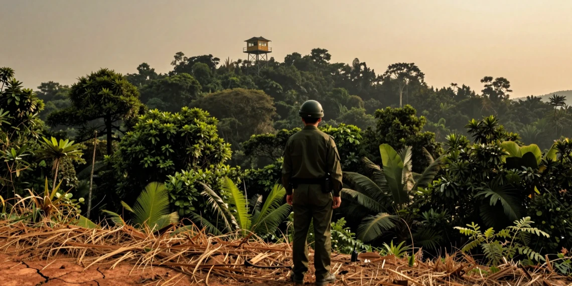 Guardabosques chino de uniforme verde vigila un bosque subtropical desde una torre de vigilancia contra incendios forestales