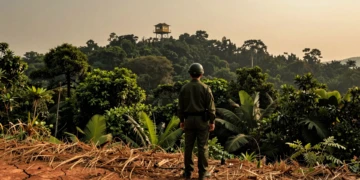 Guardabosques chino de uniforme verde vigila un bosque subtropical desde una torre de vigilancia contra incendios forestales