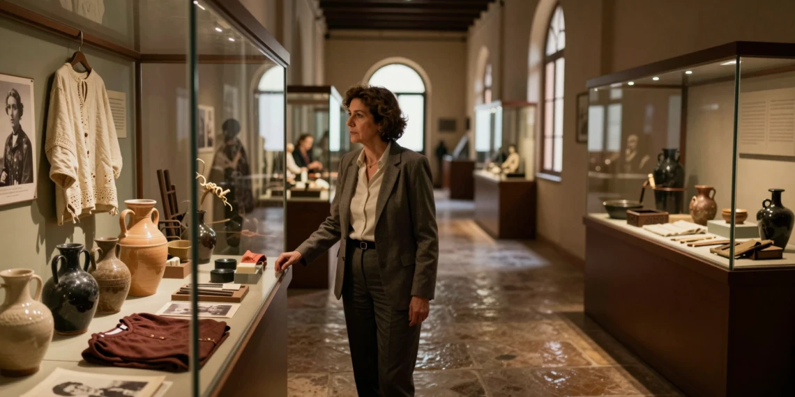 Clara Alarcón frente a vitrinas de un museo de historia en Murcia con objetos cotidianos de mujeres anónimas